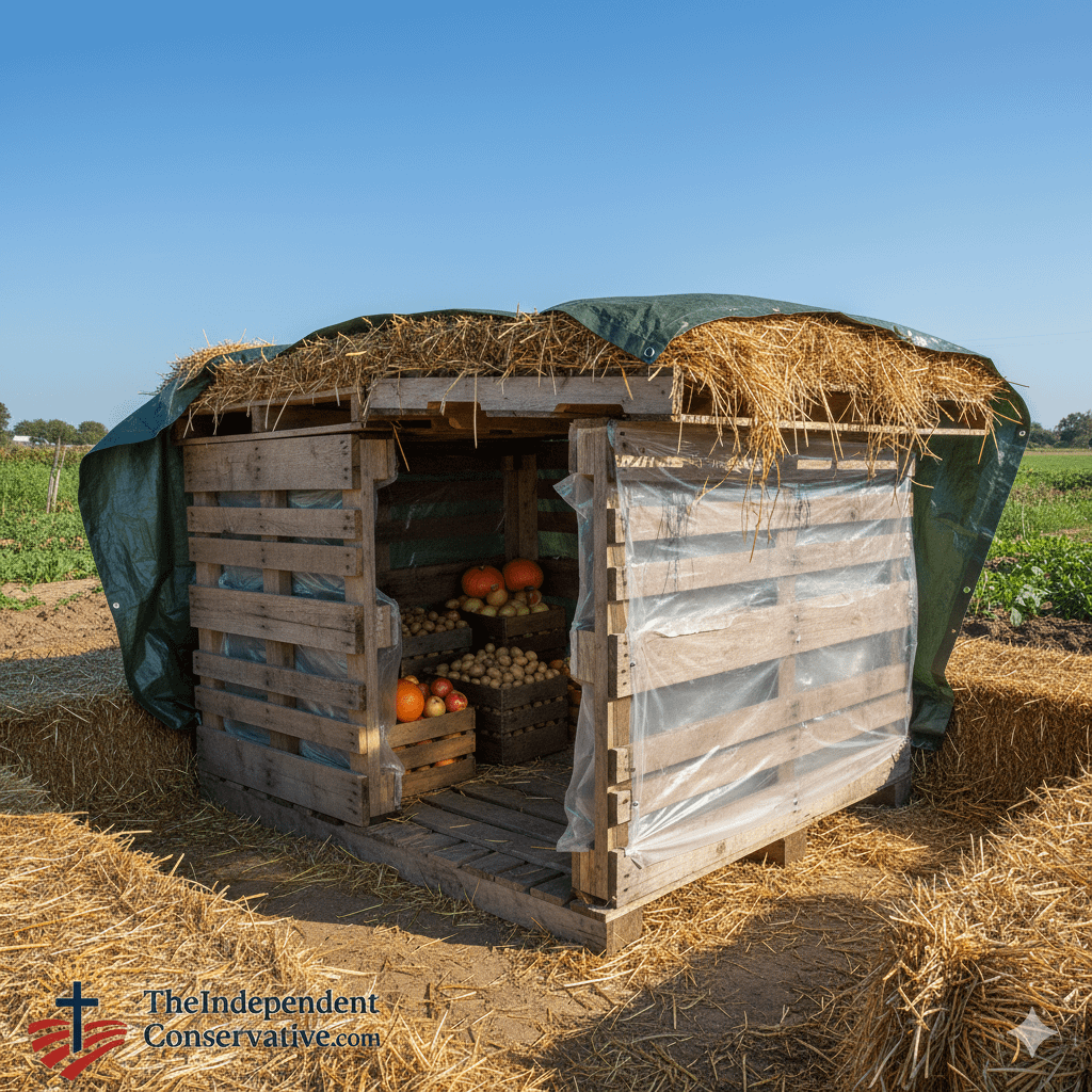 - TheIndependentConservative.com The Pallet Root Cellar is great for DIY Root Cellar Ideas that are cheap and practical.