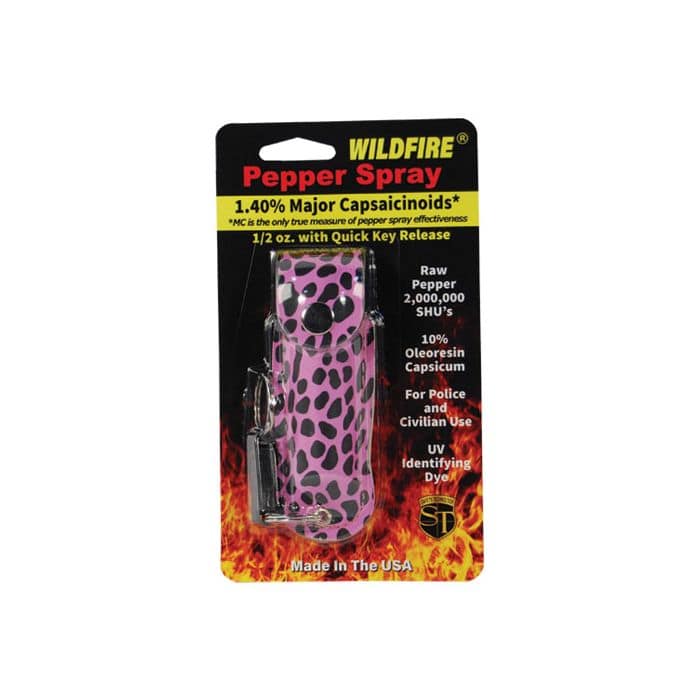 - TheIndependentConservative.com Black and Pink Leopard Print Leatherette Wildfire Stream Pepper Spray Keychain